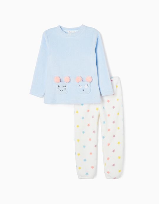 Pijama de Peluche com Pompons para Menina, Azul/Branco