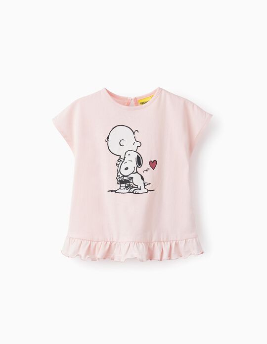 Cotton T-shirt with Ruffles for Girls, 'Charlie Brown and Snoopy', White