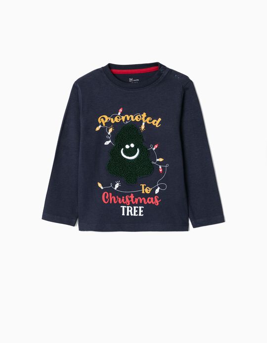 Camiseta de Manga Larga para Bebé Niño 'X-Mas Tree', Azul Oscuro