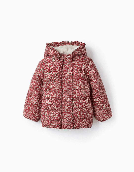 Floral Padded Hooded Coat for Girl, Dark Red