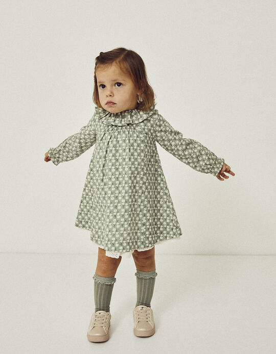 Long-Sleeve Cotton Dress with Flower Motif for Baby Girls, Green
