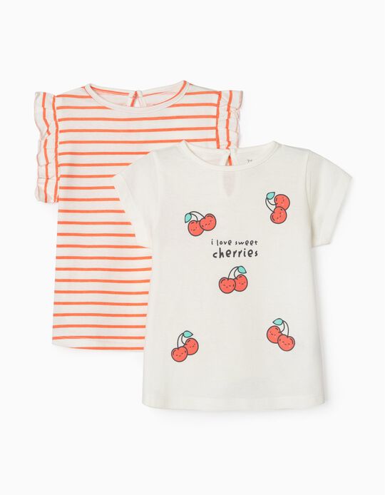 2 T-Shirts Bébé Fille 'Cherries', Blanc/Orange