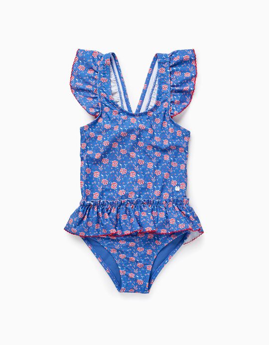 Floral UPF80 Swimsuit for Girls, Blue