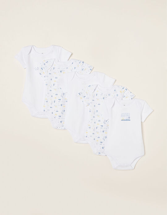 Pack of 5 Short Sleeve Bodysuits for Newborn and Baby Boy 'Traffic', White/Blue