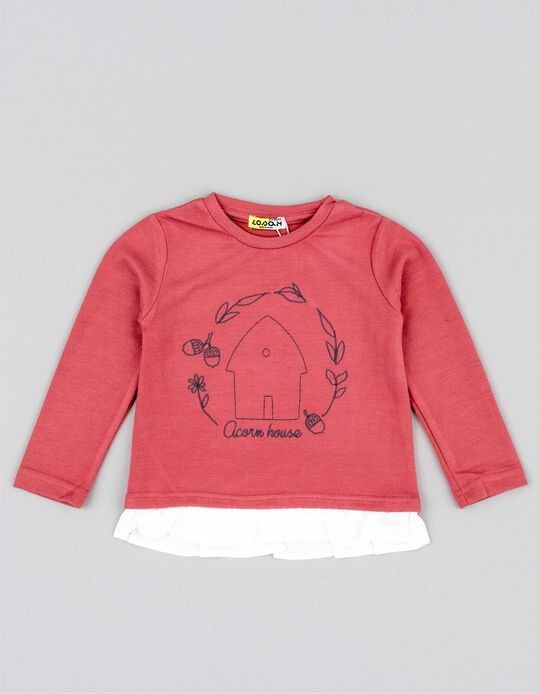 T-Shirt com Folhos para Bebé e Menina 'Acorn House', Vermelho/Branco