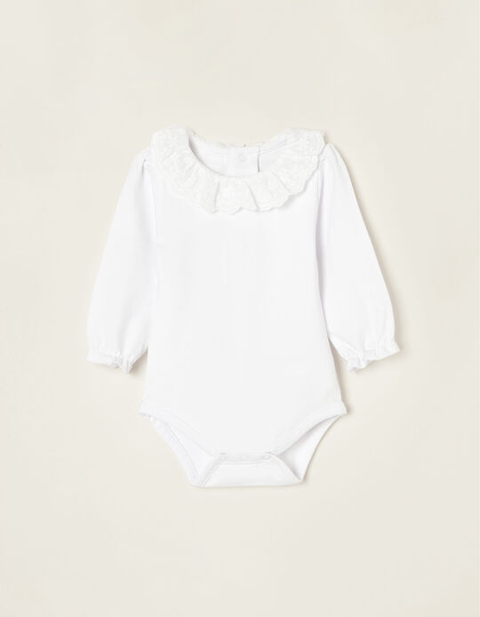 Cotton Bodysuit with Frill Collar for Newborn Baby Girls, White