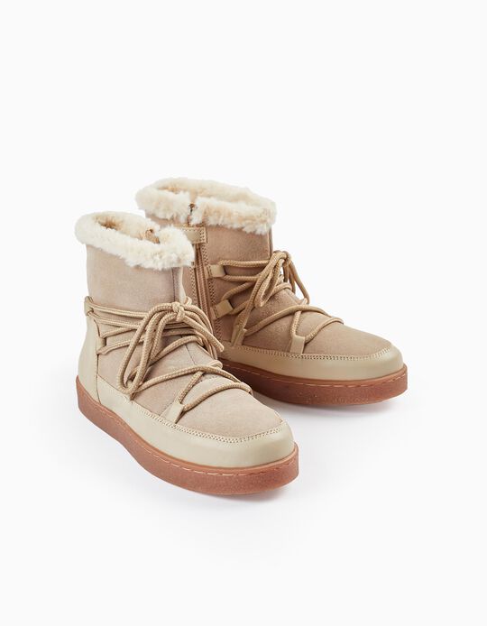 Lace-up Leather and Fur Boots for Children, Beige