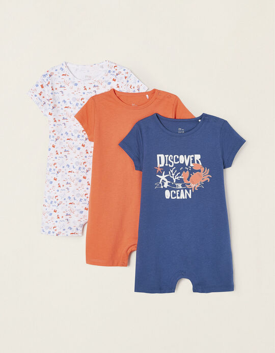 3-Pack Cotton Romper Pyjamas for Baby Boys 'Sea Animals', Blue/Orange