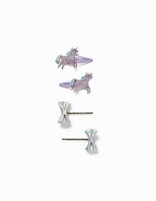2 Hair Clips + 2 Hair Slides for Babies and Girls 'Unicorns', Lilac/Iridescent