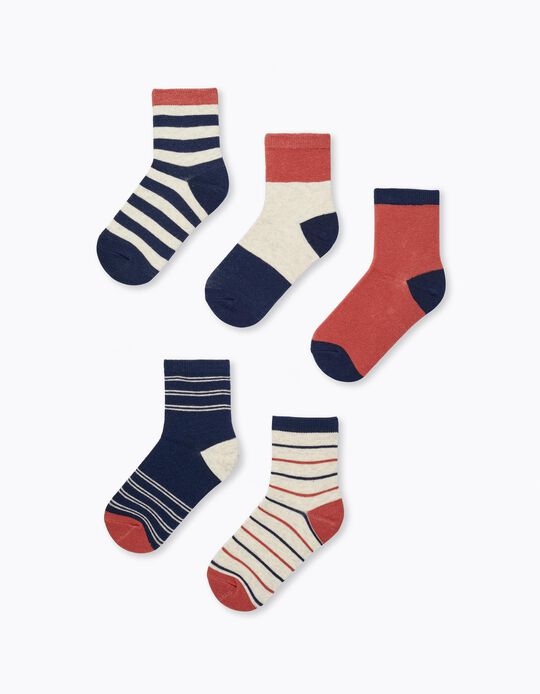 Pack of 5 Pairs of Socks for Boys, Brown/Light Beige/Dark Blue