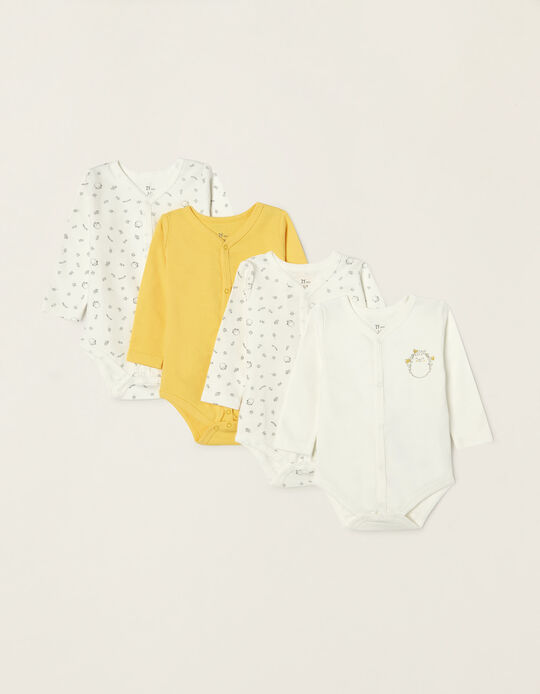 4 Long Sleeve Cotton Bodysuits for Babies 'Hedgehog', White/Yellow