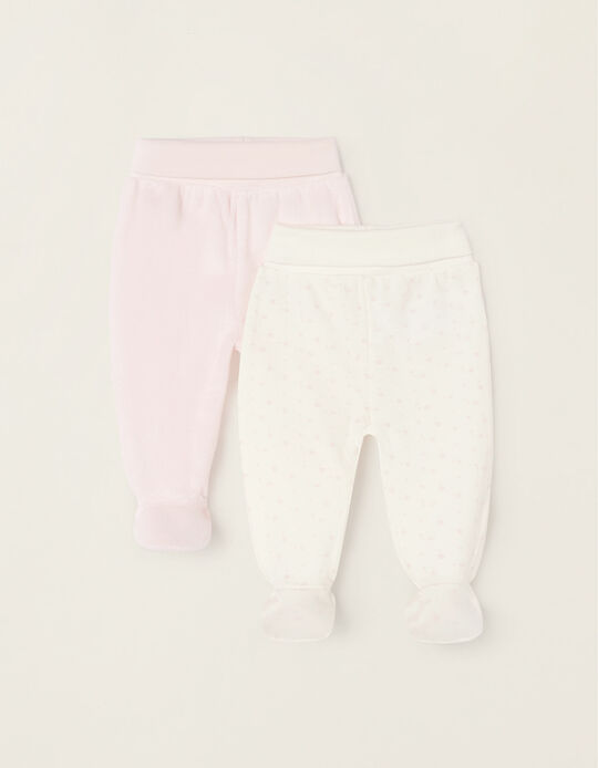 Lot 2 Pantalon à Pieds en Coton Nouveau-Née, Blanc/Rose
