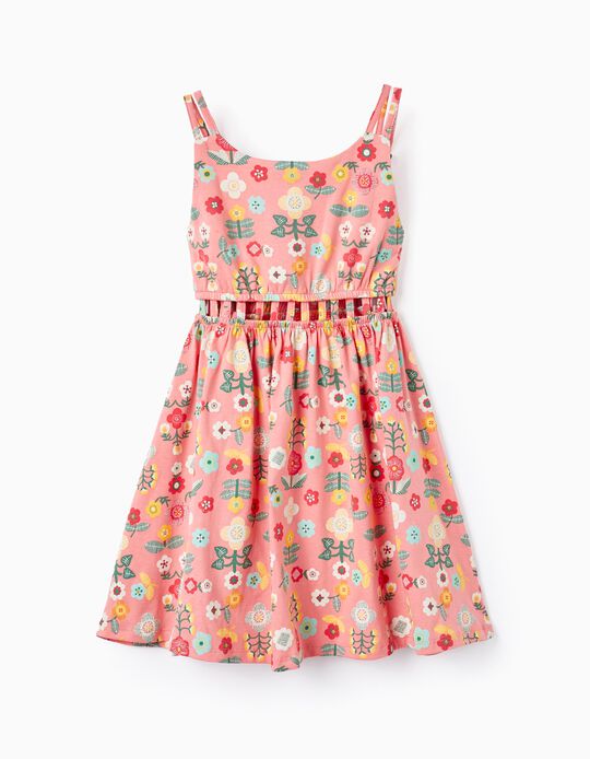 Floral Strappy Cotton Dress for Girls, Coral
