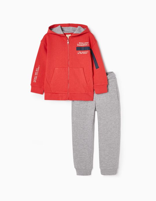 Brushed Tracksuit for Boys 'Dinosaur', Red/Grey