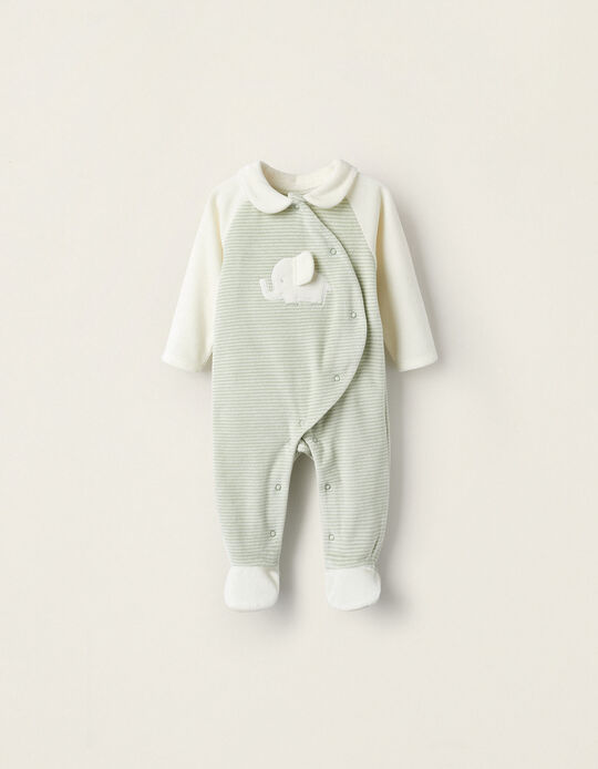 Velvet Babygrow for Newborn 'Elephant', Green/White