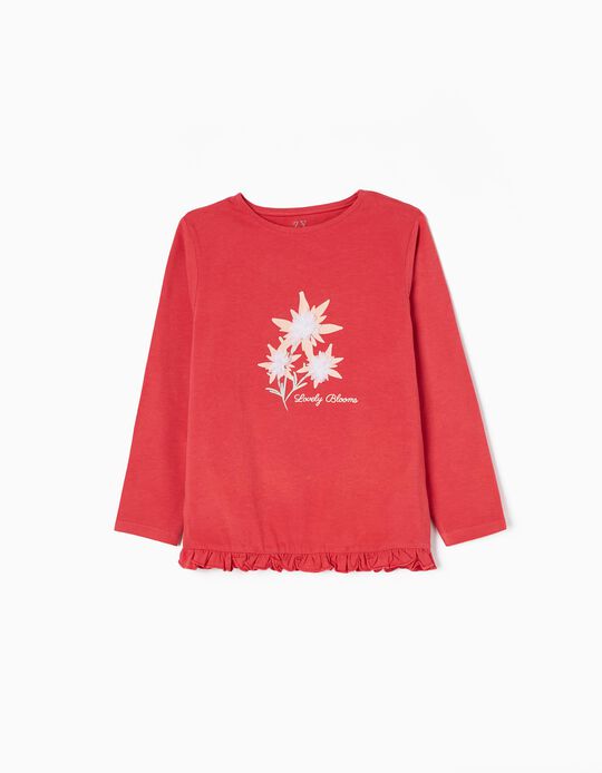 Camiseta de Manga Larga de Algodón para Niña 'Flores', Roja