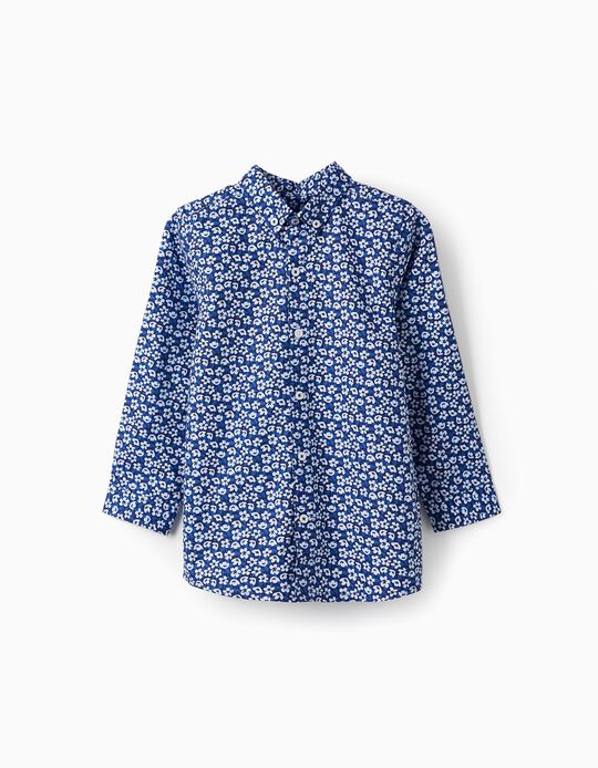 Camisa com Padrão Floral para Menino, Azul Escuro