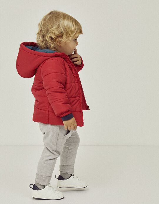 Quilted Jacket with Hood and Polar Lining for Baby Boys, Red