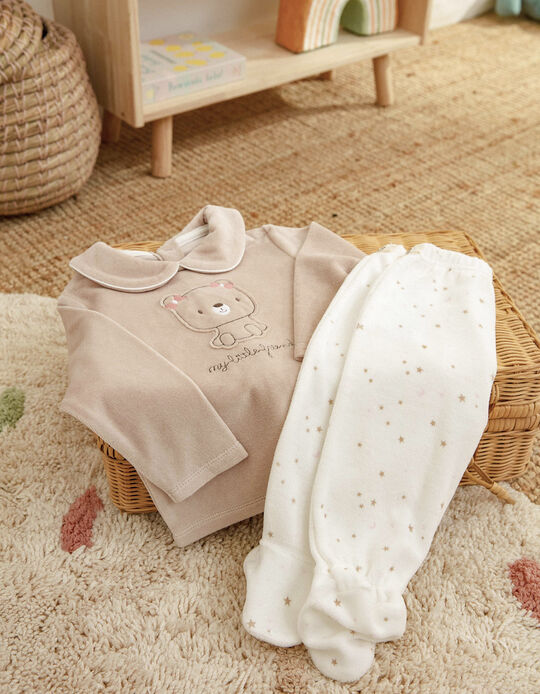 Pijama de Terciopelo 2 en 1 de Algodón para Bebé Niña, Blanco/Beige