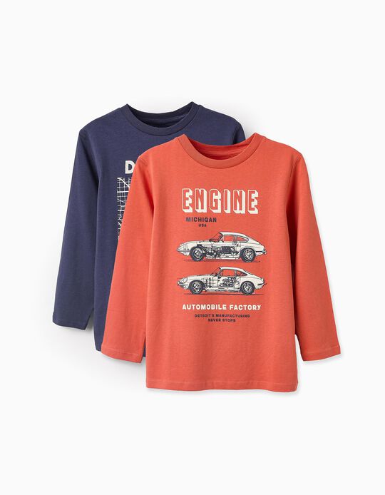 Buy Online Pack of 2 Long Sleeve T-shirts for Boys 'Engine', Blue/Orange