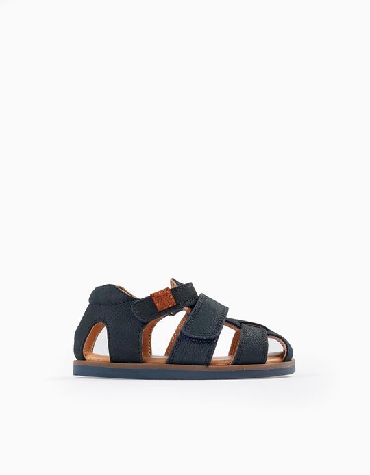 Leather Sandals with Straps for Baby Boys, Dark Blue