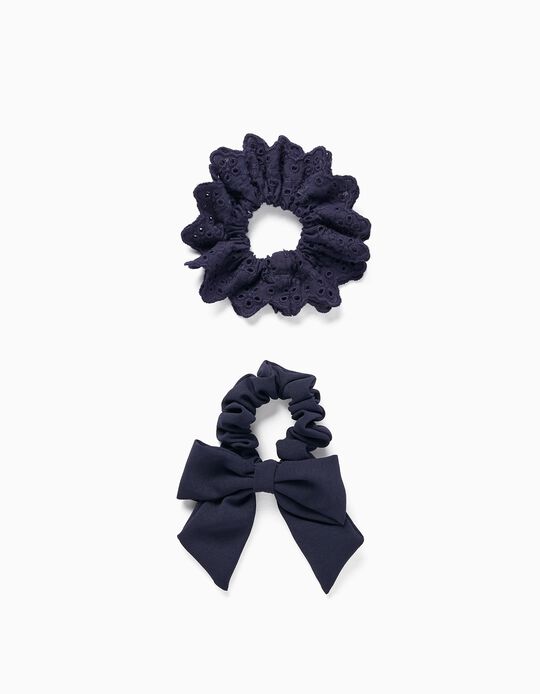 2-Pack Scrunchie Hair Elastics with English Embroidery for Baby Girls and Girls, Dark Blue