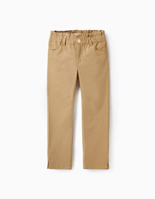 Twill Paperbag Trousers for Girls, Beige
