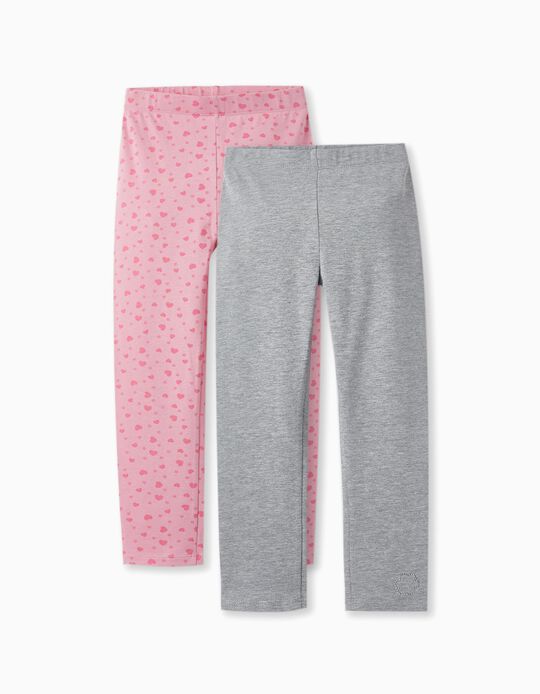 Pack of 2 Pairs of Leggings for Girls 'Hearts & Flowers', Pink/Grey
