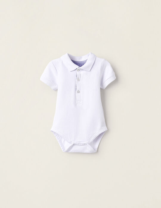 Cotton Polo-Bodysuit for Newborn Boys, White