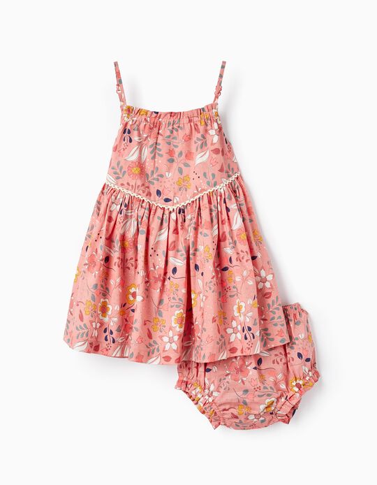 Sleeveless Dress + Diaper Cover in Cotton for Baby Girls 'Floral', Pink