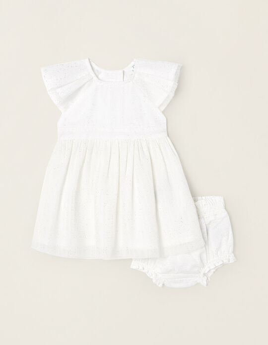 Tulle Dress + Bloomers Set for Newborn Baby Girls, White/Gold