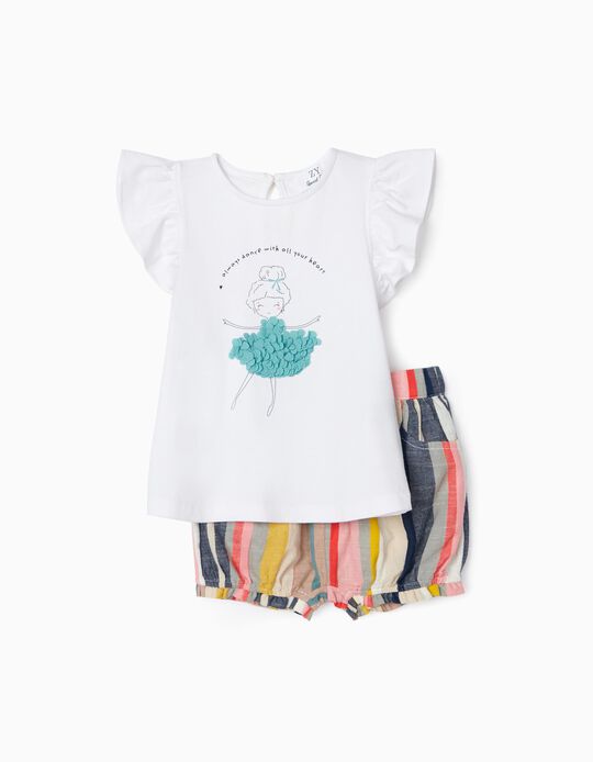 T-Shirt + Calções para Bebé Menina, Branco/Multicolor