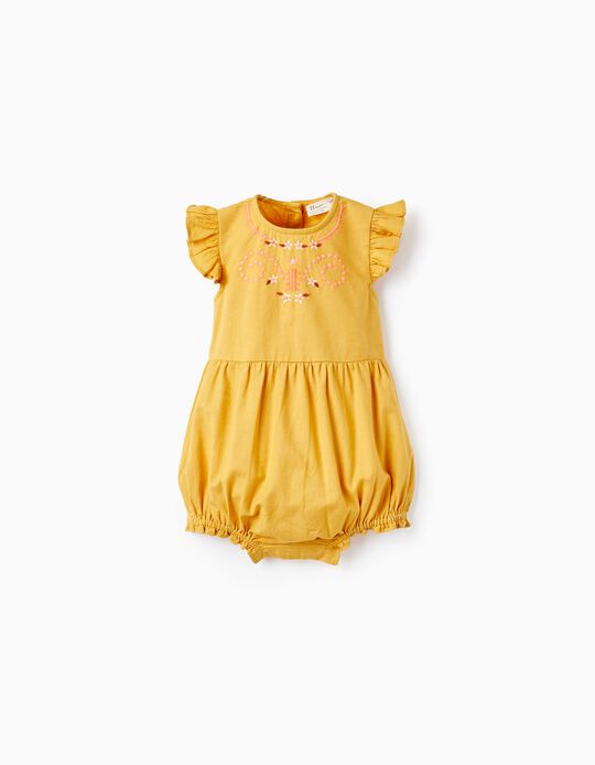 Cotton and Linen Jumpsuit with Embroidery for Baby Girls, Yellow