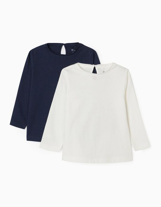 2 Long Sleeve T-Shirts for Girls, White/Dark Blue