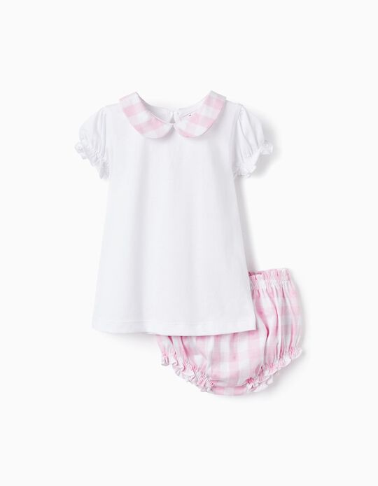 Pyjama T-Shirt + Diaper Cover for Baby Girls, White/Pink
