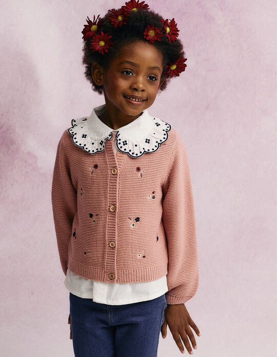 Knitted Cardigan with Embroidered Flowers for Girls, Pink