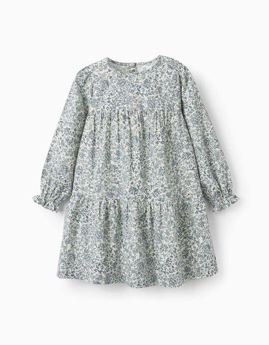 Floral Twill Dress for Girls, White/Gray