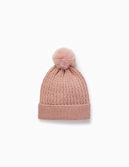 Knitted Hat with Fluffy Pom-pom for Girl, Pink