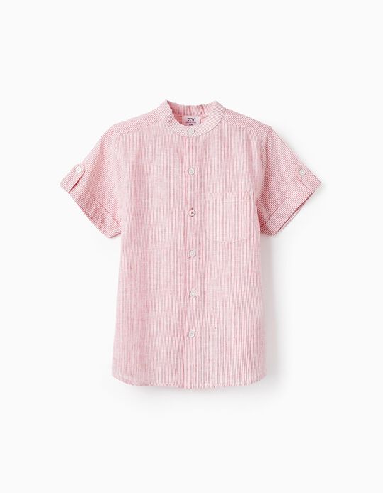 Comprar Online Camisa de Linho e Algodão com Gola Mao para Menino, Branco/Vermelho
