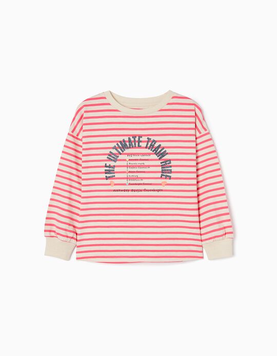 Long Sleeve Cotton T-Shirt for Girls, Pink/White