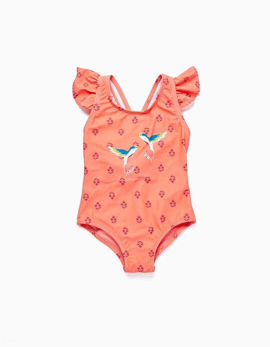 Swimsuit with Hummingbirds UV 80 Protection for Baby Girls, Coral