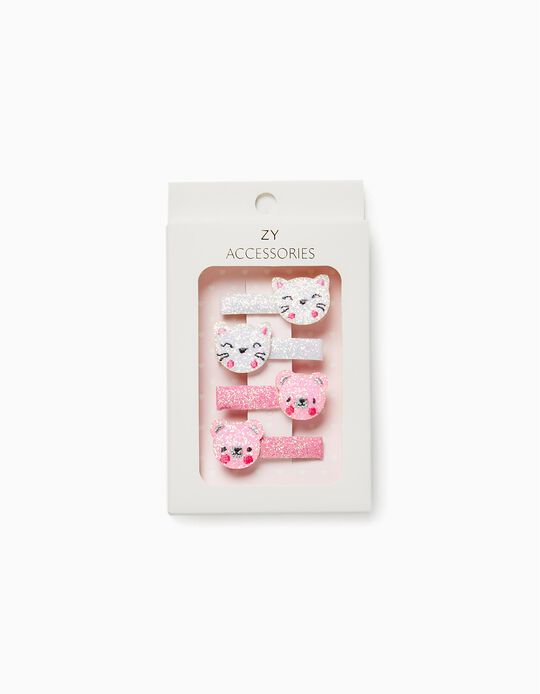 4 Hair Clips for Babies and Girls 'Cats', White/Pink