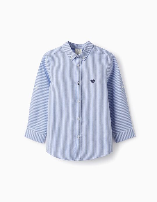 Chemise en coton à rayures pour garçon, Blanc/Bleu