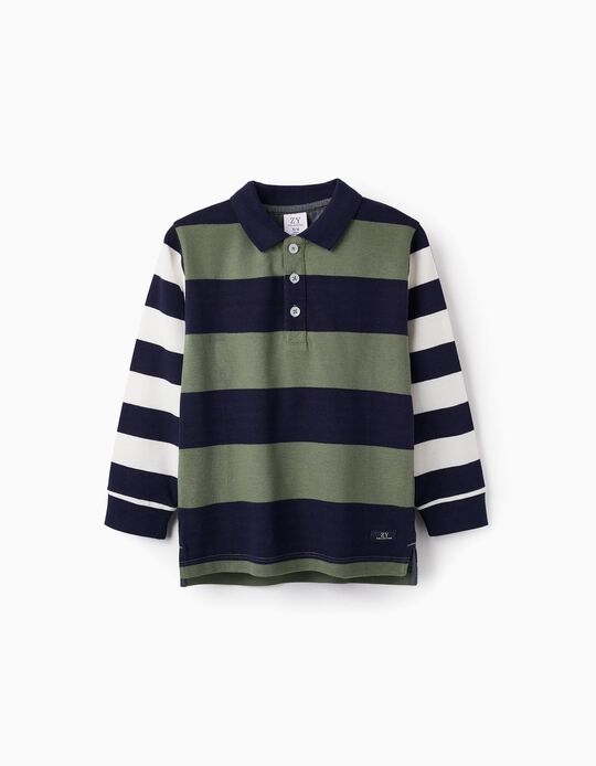 Striped Cotton Polo for Boys, Green/Dark Blue