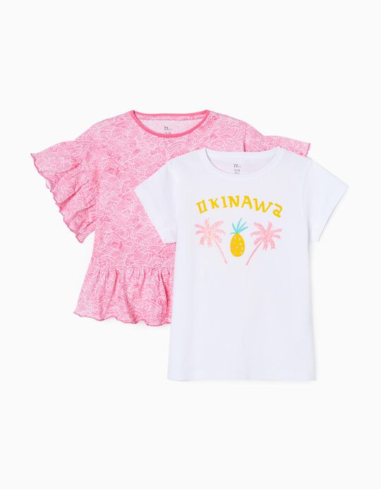 2 Camisetas para Niña 'Waves', Rosa/Blanco