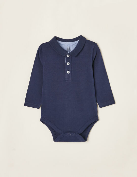 Cotton Polo-Bodysuit for Newborn Baby Boys, Dark Blue