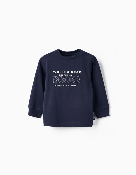 Long Sleeve Cotton T-shirt for Baby Boys 'Books', Dark Blue