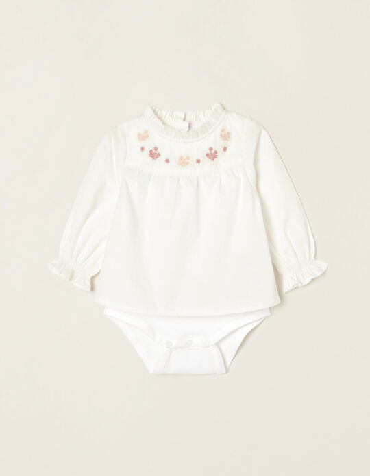 Body-Blusa de Algodão com Bordados para Recém-Nascida, Branco/Rosa