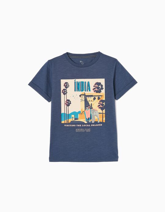 T-shirt de Algodão para Menino 'India', Azul