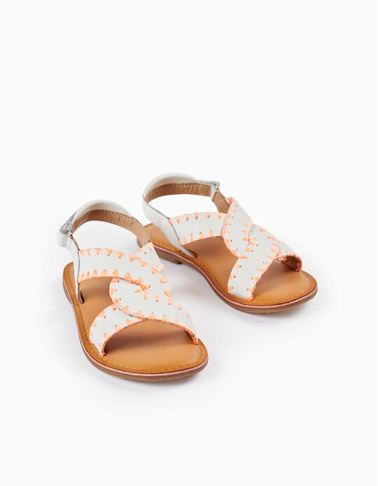 Buy Online Leather Sandals for Girls, White/Orange